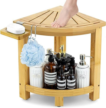 nexxLeafy Bamboo Corner Shower Stool for Shaving Legs Foot Rest, Waterproof Bath Bench Seat with Storage Shelf and Soap Dish for Bathroom Inside Shower, Use as Small Corner Table Step Stools, Bamboo