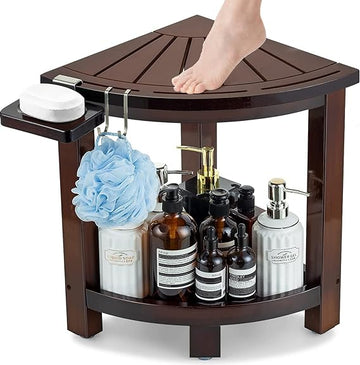 nexxLeafy Bamboo Corner Shower Stool for Shaving Legs Foot Rest, Waterproof Bath Bench Seat with Storage Shelf and Soap Dish for Bathroom Inside Shower, Use as Small Corner Table Step Stools, Bamboo